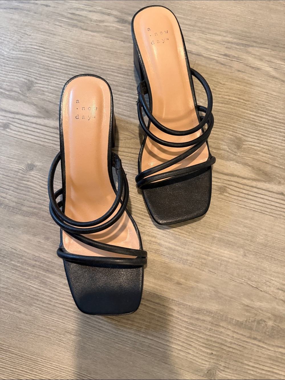 EUC 7.5 a new day Black Strappy Square-Toe Slide Heels